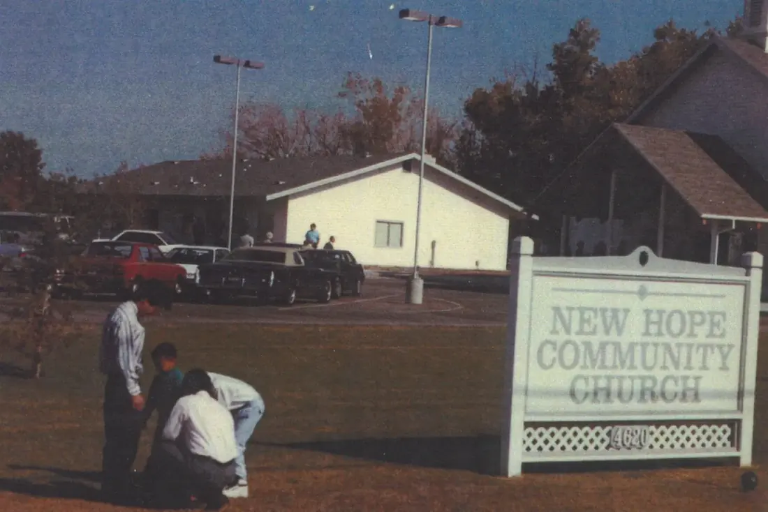 The New Hope Community Church sign at 4620 E. Nees Ave in the church's early years